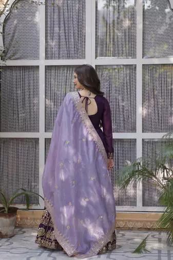 Purple georgette sequins zari embroidered Anarkali kameez with dupatta