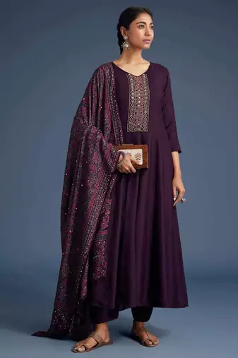 Art Silk Hand Work Embroidery Anarkali Kurta Pant with Printed Dupatta Set