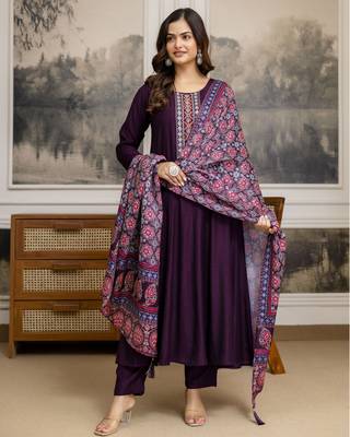 Art Silk Hand Work Embroidery Anarkali Kurta Pant with Printed Dupatta Set 1