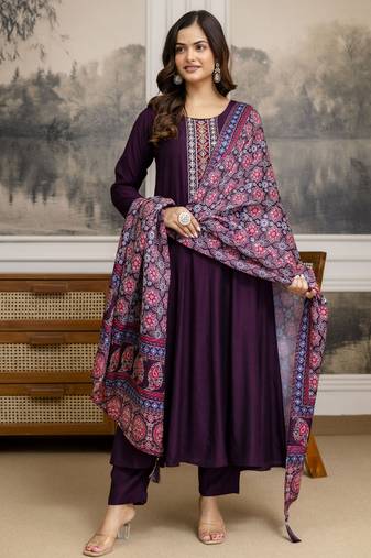 Art Silk Hand Work Embroidery Anarkali Kurta Pant with Printed Dupatta Set