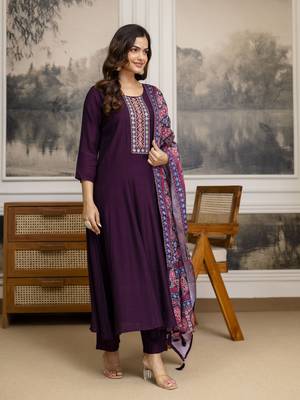 Art Silk Hand Work Embroidery Anarkali Kurta Pant with Printed Dupatta Set 2