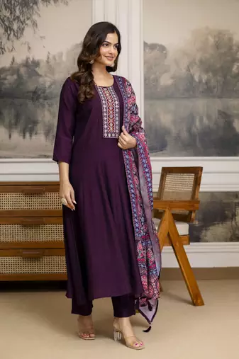 Trendmalls Art Silk Hand Work Embroidery Anarkali Kurta Pant with Printed Dupatta Set