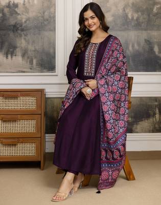 Art Silk Hand Work Embroidery Anarkali Kurta Pant with Printed Dupatta Set 3