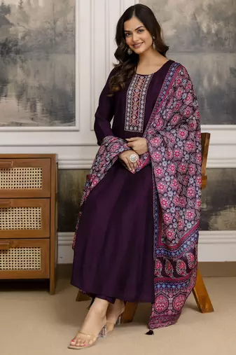 Trendmalls Art Silk Hand Work Embroidery Anarkali Kurta Pant with Printed Dupatta Set