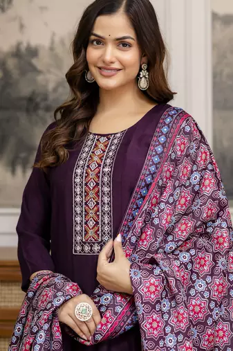 Trendmalls Art Silk Hand Work Embroidery Anarkali Kurta Pant with Printed Dupatta Set