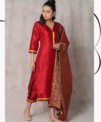 red cotton Surkh tashi kurta & pant with dupatta 1