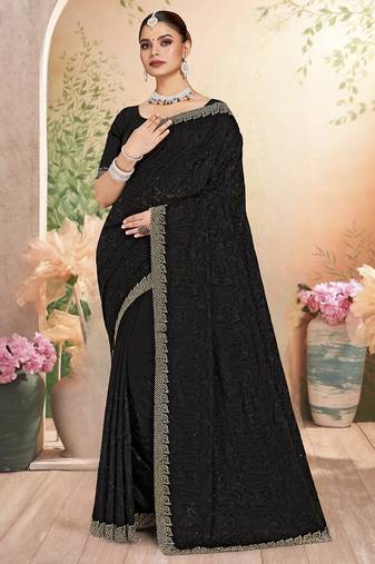 Designer black resham embroidery work zarkan border georgette saree