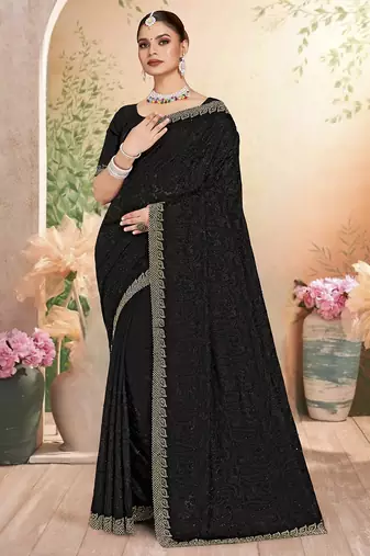 Designer black resham embroidery work zarkan border georgette saree
