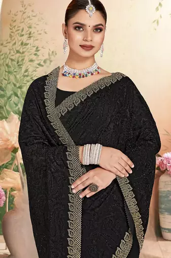 Designer black resham embroidery work zarkan border georgette saree