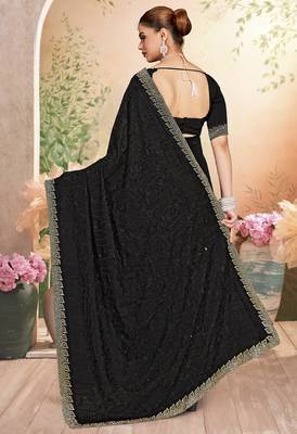 Designer black resham embroidery work zarkan border georgette saree 3