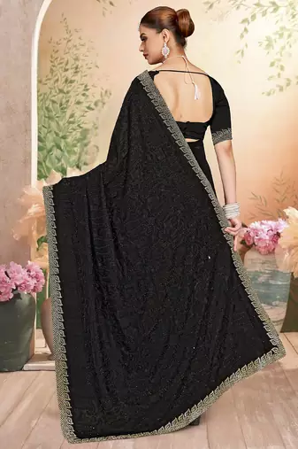Designer black resham embroidery work zarkan border georgette saree