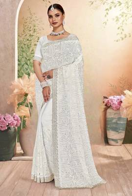 Designer white resham embroidery work zarkan border georgette saree 1
