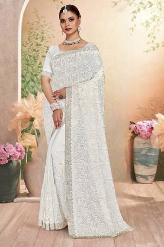 Designer white resham embroidery work zarkan border georgette saree