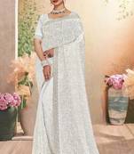 Designer white resham embroidery work zarkan border georgette saree