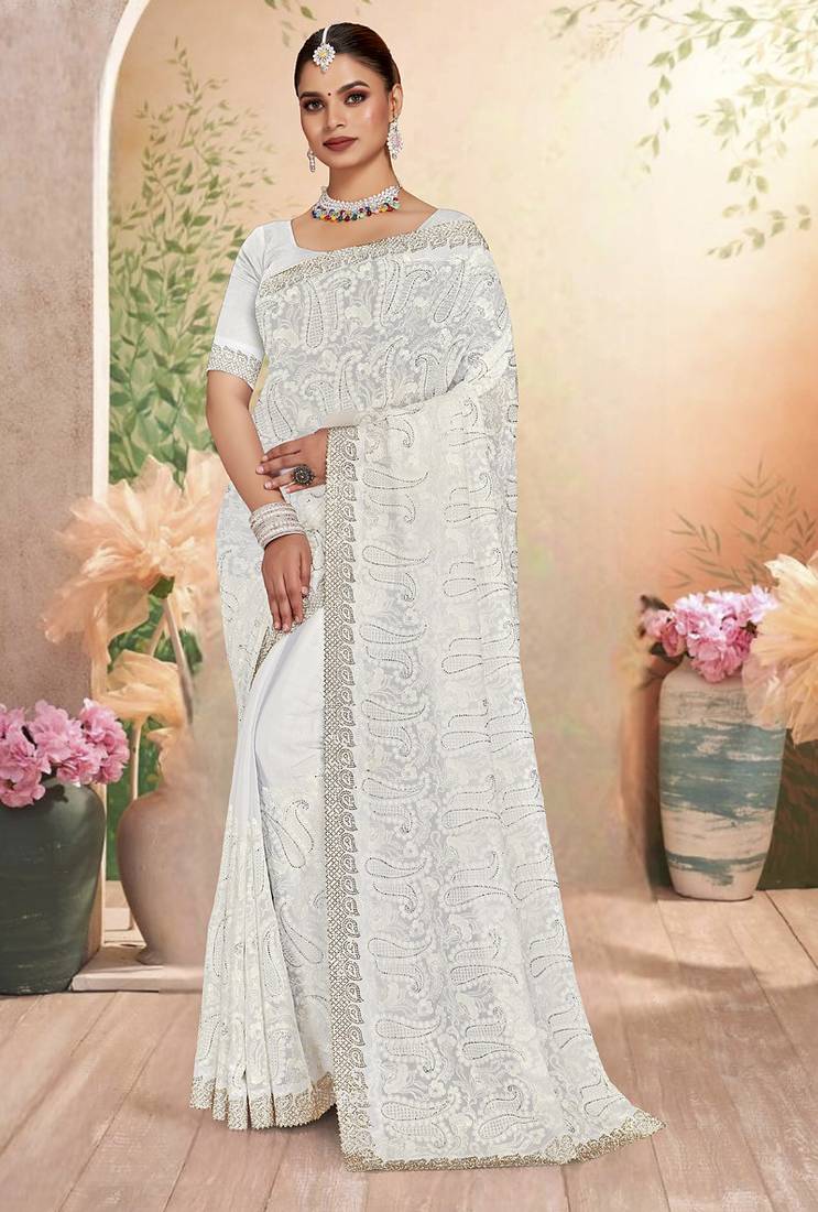 Designer white resham embroidery work zarkan border georgette saree