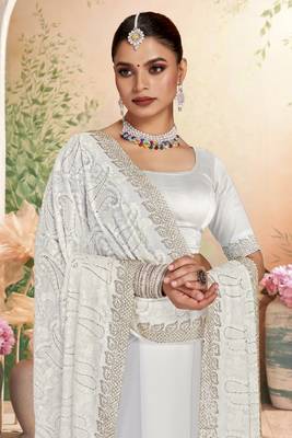 Designer white resham embroidery work zarkan border georgette saree 2