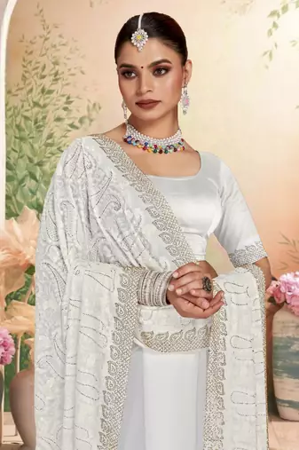 Designer white resham embroidery work zarkan border georgette saree
