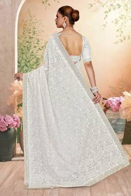Designer white resham embroidery work zarkan border georgette saree 3