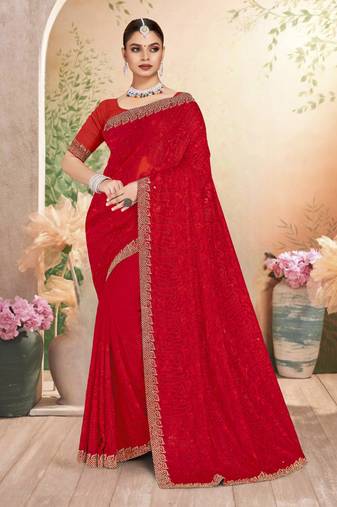 Designer red resham embroidery zarkan border georgette saree