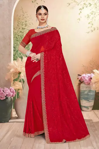Designer red resham embroidery zarkan border georgette saree