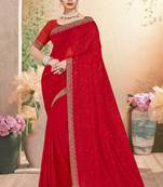Designer red resham embroidery zarkan border georgette saree