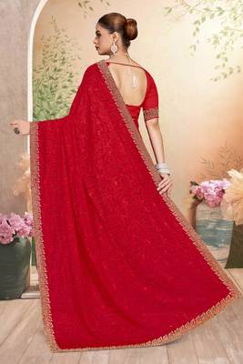 Designer red resham embroidery zarkan border georgette saree 2