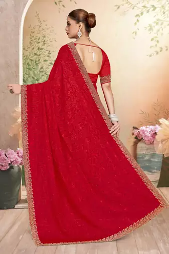 Designer red resham embroidery zarkan border georgette saree