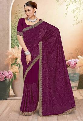 Designer wine resham embroidery zarkan border georgette saree 1