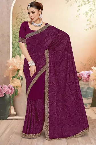 Designer wine resham embroidery zarkan border georgette saree
