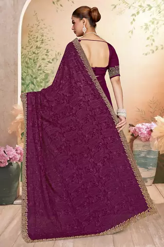 Designer wine resham embroidery zarkan border georgette saree