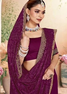 Designer wine resham embroidery zarkan border georgette saree 3
