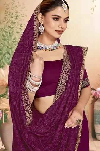 Designer wine resham embroidery zarkan border georgette saree
