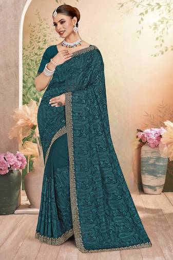 Designer teal blue resham embroidery zarkan border georgette saree