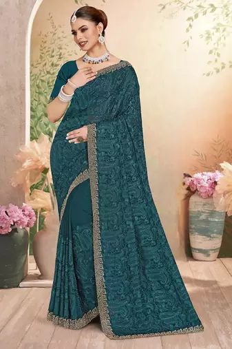 Designer teal blue resham embroidery zarkan border georgette saree