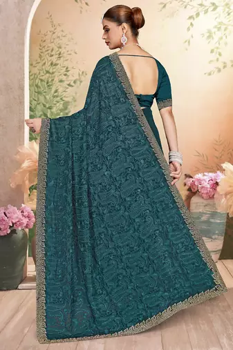 Designer teal blue resham embroidery zarkan border georgette saree
