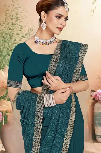 Designer teal blue resham embroidery zarkan border georgette saree