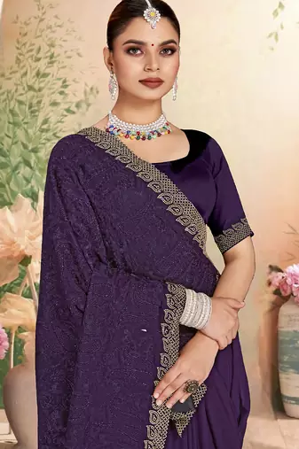 Designer purple resham embroidery zarkan border georgette saree