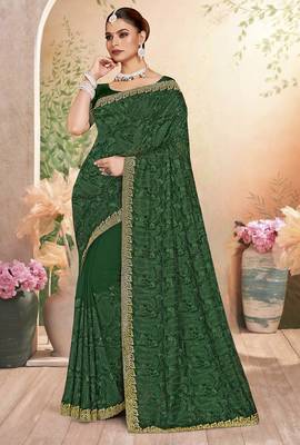 Designer green resham embroidery zarkan border georgette saree 1