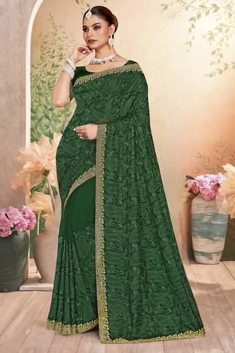 Designer green resham embroidery zarkan border georgette saree
