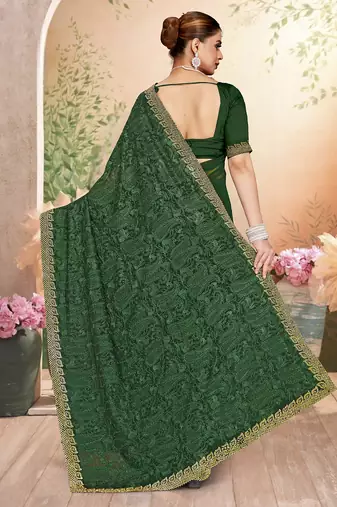 Designer green resham embroidery zarkan border georgette saree