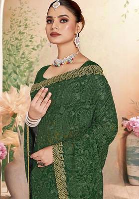 Designer green resham embroidery zarkan border georgette saree 3