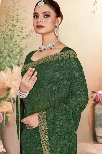 Designer green resham embroidery zarkan border georgette saree