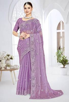 Lavender designer resham sequence embroidery crush silk saree 1