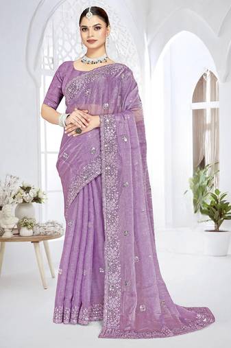 Lavender designer resham sequence embroidery crush silk saree
