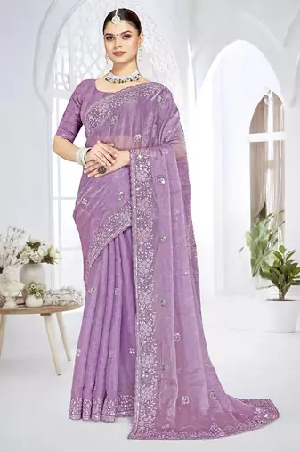 Lavender designer resham sequence embroidery crush silk saree