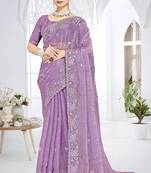 Lavender designer resham sequence embroidery crush silk saree