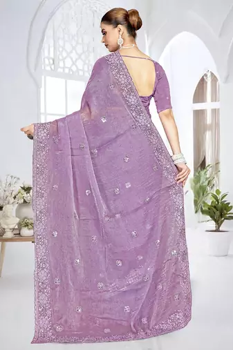 Lavender designer resham sequence embroidery crush silk saree