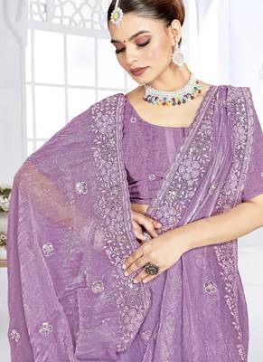 Lavender designer resham sequence embroidery crush silk saree 3