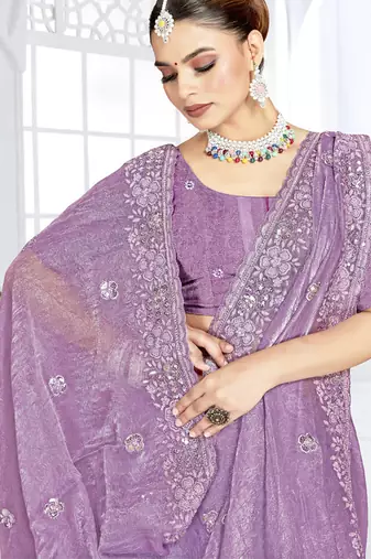Lavender designer resham sequence embroidery crush silk saree