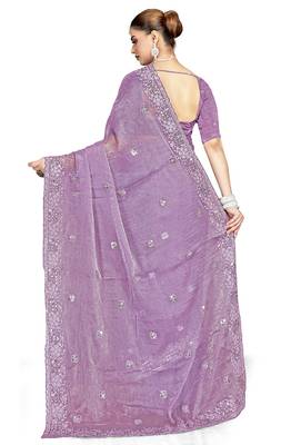 Lavender designer resham sequence embroidery crush silk saree 4